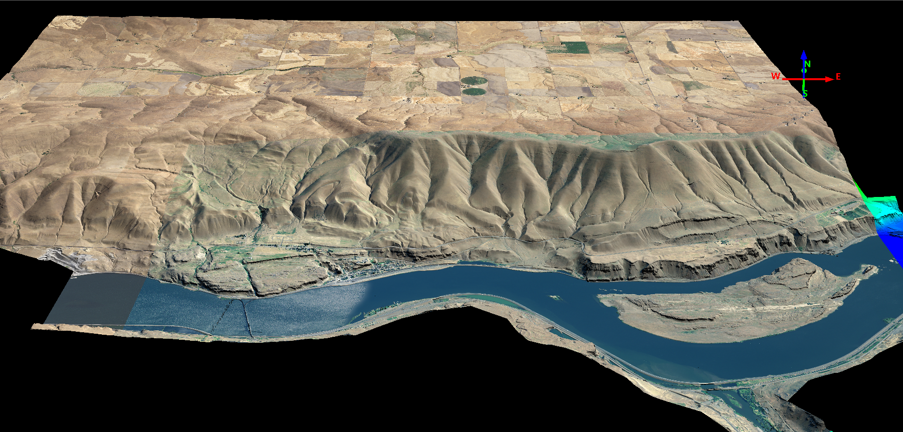 North-directed view of my map area from south of the Columbia River generated in QT Modeler